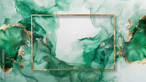 Green and Gold Watercolor Frame on White Background