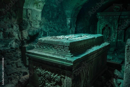 Ancient crypt interior with broken sarcophagi, eerie green light, skeletal remains, hidden treasure, undead guardians, gothic horror, stock photo photo