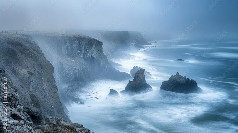 Windy coastal cliffs with rugged rock formations overlooking rough seas under an overcast sky, creating a dramatic seascape. Windy coastal cliffs with rugged rock formations overlooking rough seas under an overcast sky, creating a dramatic seascape.