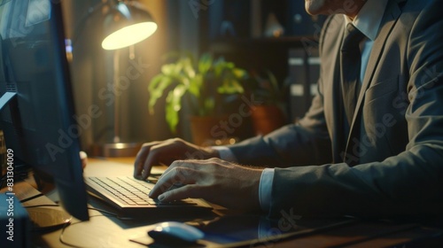 A man in a suit is typing on a computer keyboard