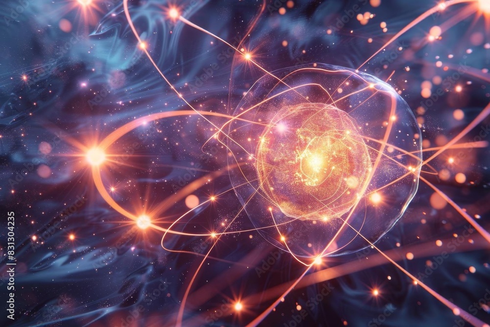 3D atom representation with moving electrons, energy waves, scientific visualization, particle physics, glowing effect, subatomic world, stock photo 3D atom representation with moving electrons, energy waves, scientific visualization, particle physics, glowing effect, subatomic world, stock photo