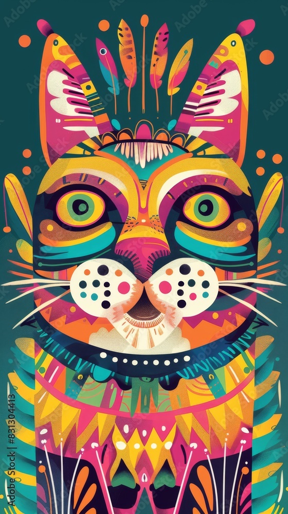 Colorful, stylized cat with tribal patterns on a teal background Colorful, stylized cat with tribal patterns on a teal background
