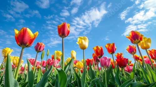 A vibrant field of red  yellow  and pink tulips blooming under a bright blue sky with scattered white clouds.