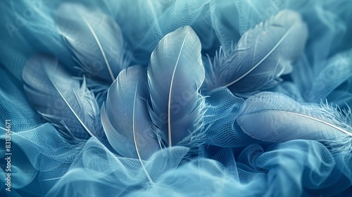 The feathers are gray on a tulle background in pastel tones photo