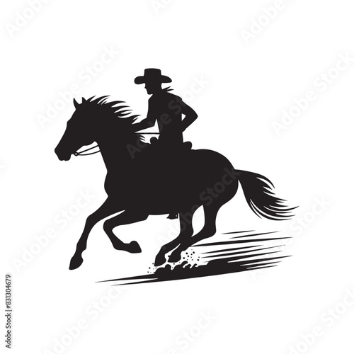 Silhouette of cowboy riding on horse in the wild, perfect for Western themes - minimalist cowboy horse riding vector
