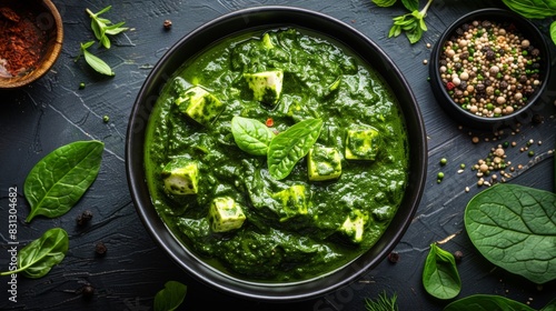Traditional Indian Dish Palak Paneer in Black Bowl