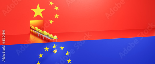 Trade between China and the European Union concept: China dumps lots of cheap products into the EU. Many packages falling off at the end of a production line to the EU. Trade deficit, trade war. photo