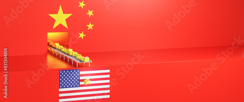Trade between China and United States of America concept: China dumps lots of cheap products into the US. Many packages falling off at the end of a production line to the US. Trade deficit, trade war.