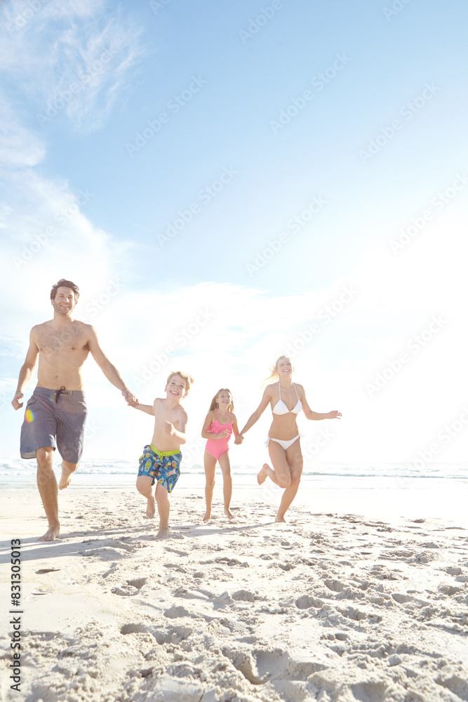 Running, freedom and excited family holding hands at a beach for summer, fun and bonding in nature on vacation. Travel, energy and happy kids with parents at sea for holiday, celebration and games Running, freedom and excited family holding hands at a beach for summer, fun and bonding in nature on vacation. Travel, energy and happy kids with parents at sea for holiday, celebration and games