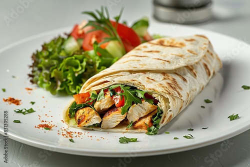 a tortilla with chicken and salad on a plate