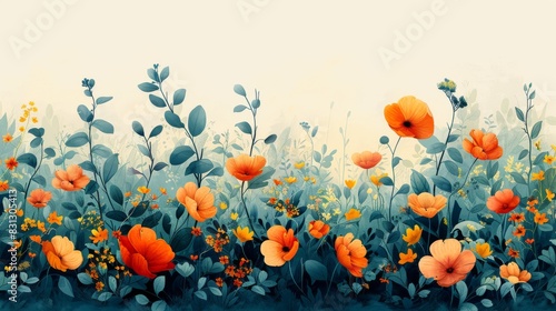 Serene meadow with vibrant poppies and wildflowers in a misty setting