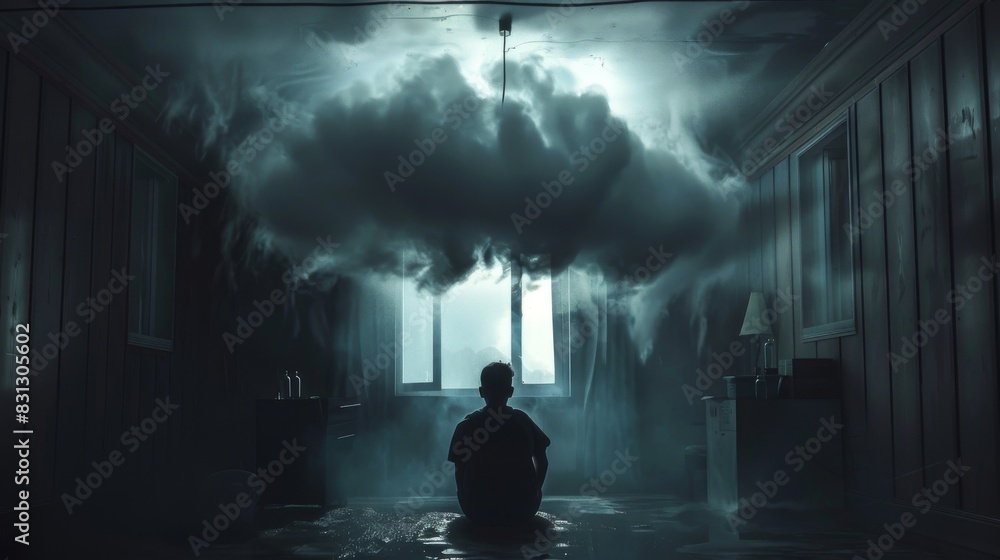 Abstract scene of a person sitting under a dark cloud in a small room. Abstract scene of a person sitting under a dark cloud in a small room.