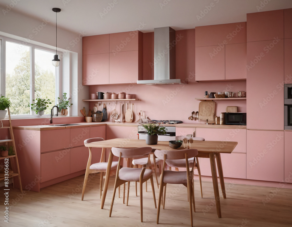 Pink kitchen cabinets and wooden shelf Scandinavian modern interior design of kitchen with island, dining table and chairs Pink kitchen cabinets and wooden shelf Scandinavian modern interior design of kitchen with island, dining table and chairs