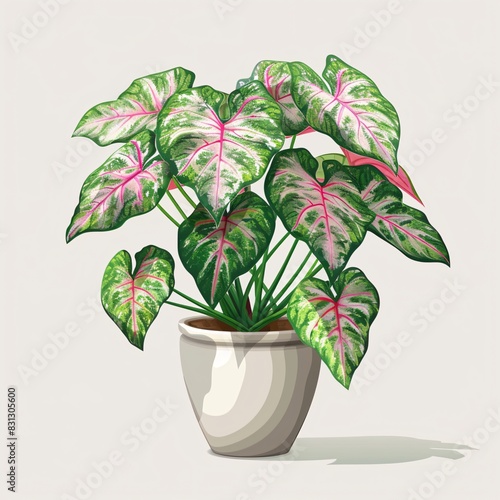 PNG illustration of a lush caladium plant with heart-shaped green and pink leaves in a modern pot on a white background