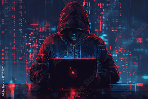 Hooded hacker at computers with blue digital background - cyber security