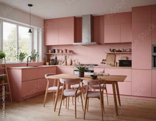 Pink kitchen cabinets and wooden shelf Scandinavian modern interior design of kitchen with island, dining table and chairs