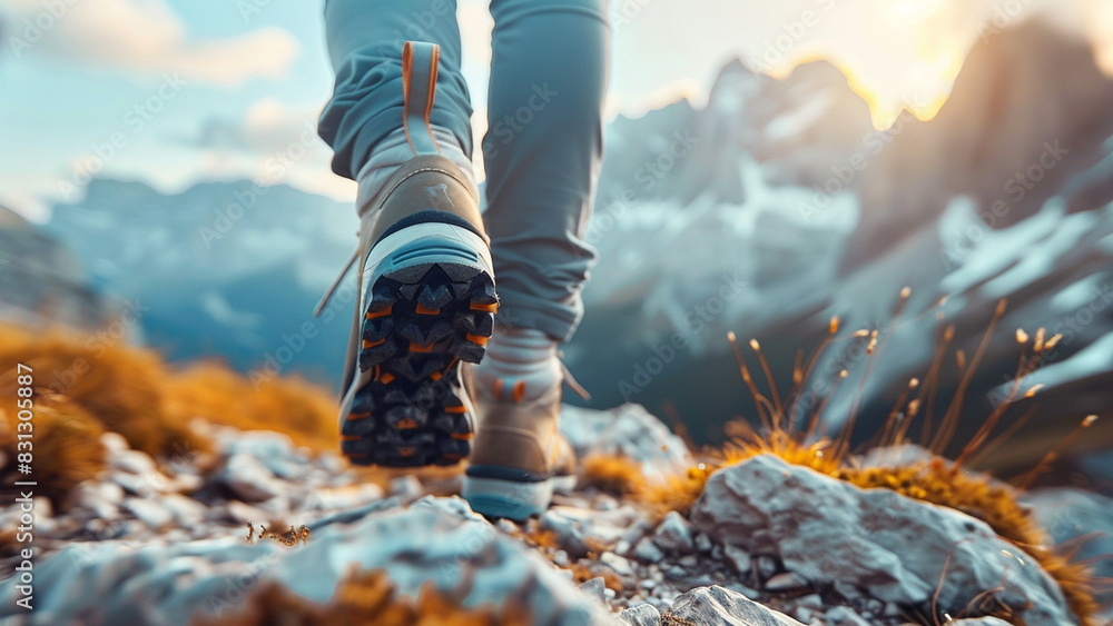 very close-up of feet in trekking shoes walking through the mountains very close-up of feet in trekking shoes walking through the mountains