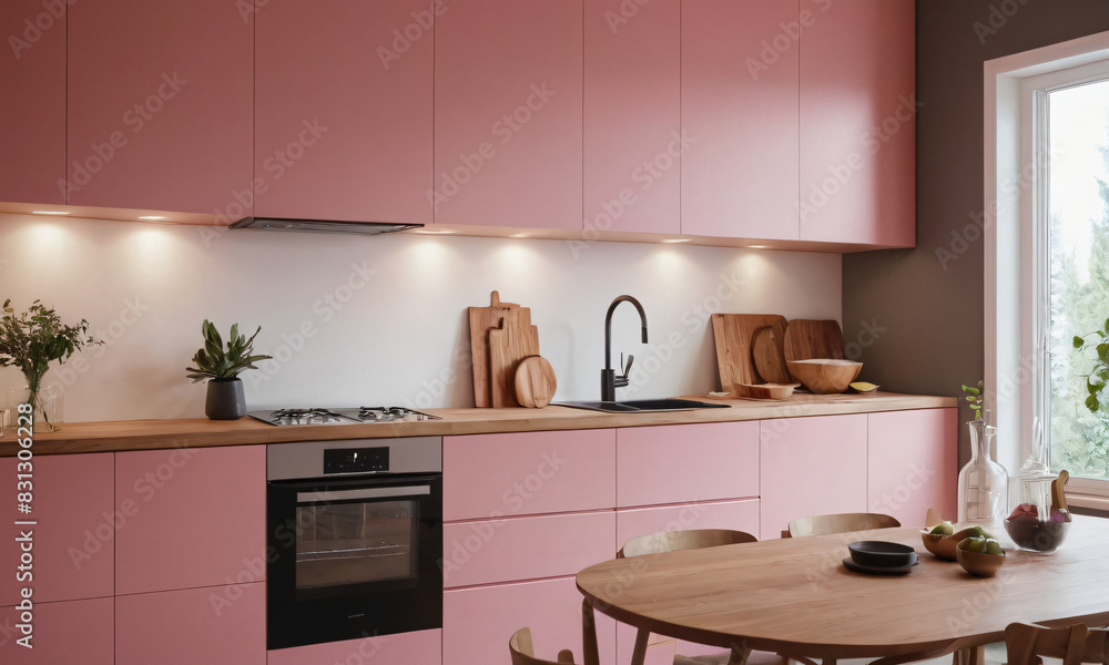 Pink kitchen cabinets and wooden shelf Scandinavian modern interior design of kitchen with island, dining table and chairs