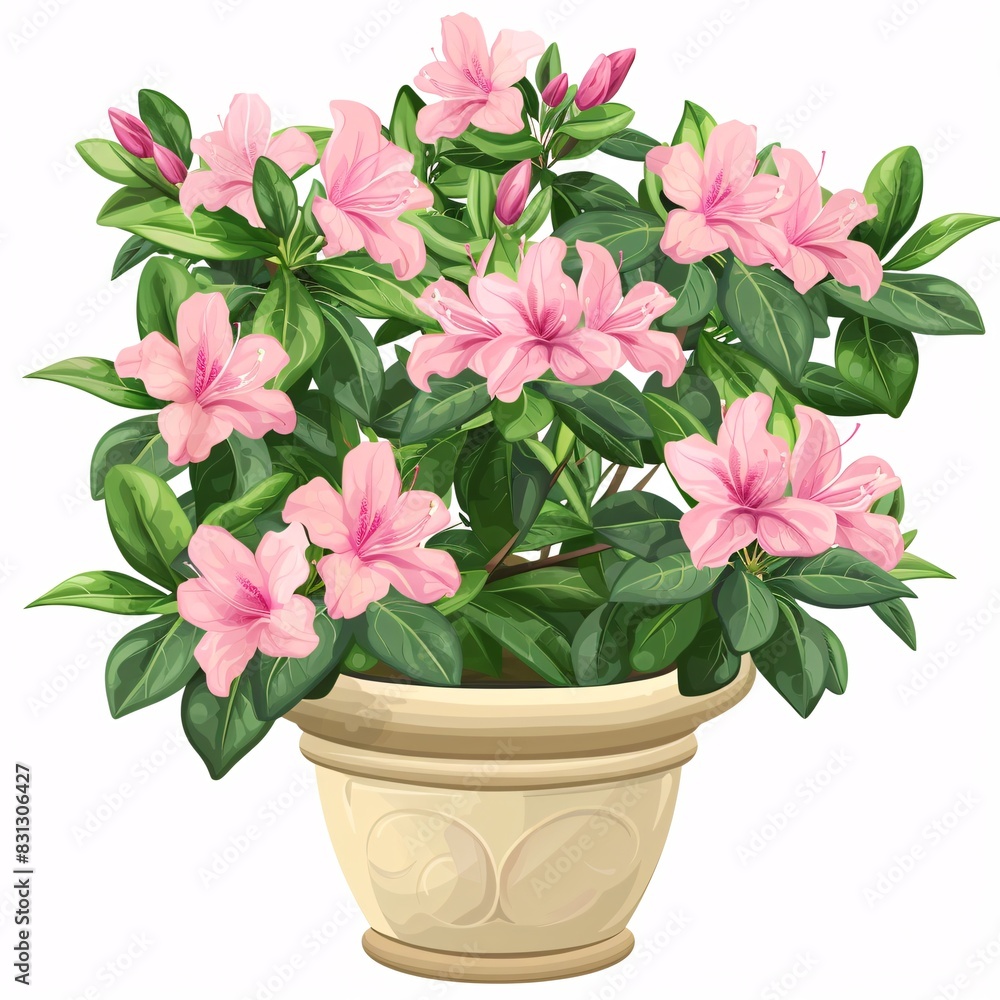 PNG illustration of a flowering azalea plant with pink blooms and green leaves in a decorative pot on a white background PNG illustration of a flowering azalea plant with pink blooms and green leaves in a decorative pot on a white background