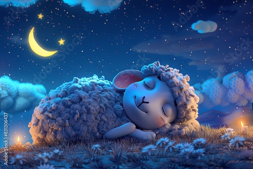 Colorful 3D of a cute cartoon baby sheep peacefully sleeping under the starry night sky, with a crescent moon shining brightly overhead