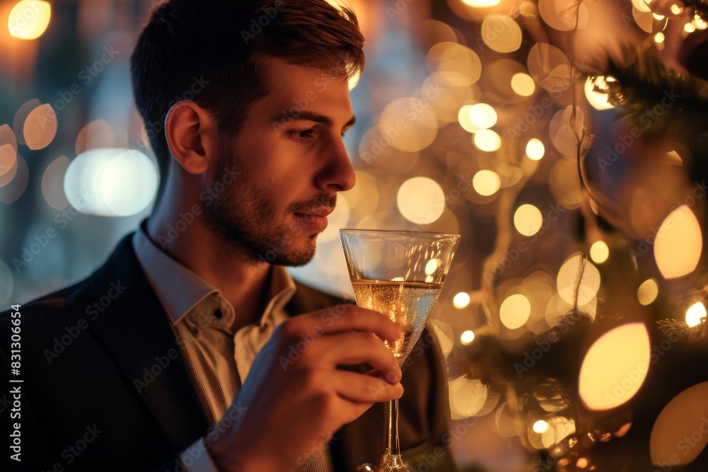 A young man with a drink in her hand on New Year's Eve at a New Year's party, AI-generated A young man with a drink in her hand on New Year's Eve at a New Year's party, AI-generated