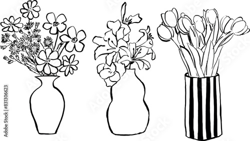 Paquete de 3 floreros dibujados a mano. Arte en líneas de flores. Clip art arreglo de flores en jarrón. Ilustración minimalista.