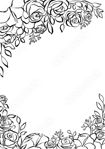 Borde de rosas dibujadas a mano. Borde de flores para invitaciones. Marco de flores para decorar tarjetas y diseños de redes sociales. Vector