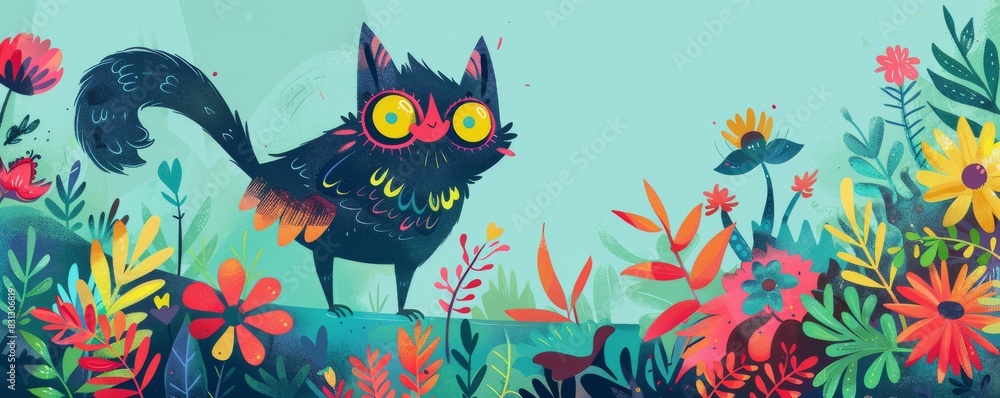 Whimsical cat in colorful garden illustration Whimsical cat in colorful garden illustration