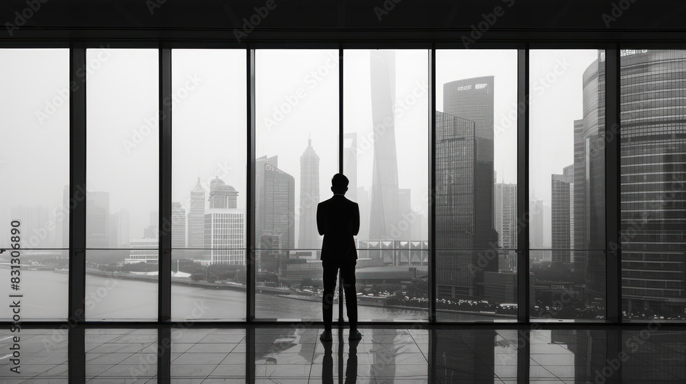 28052317 03 A silhouette of an employee standing by a large window, looking out at the city skyline. The figure's posture suggests contemplation and forward-thinking. The modern office interior, with