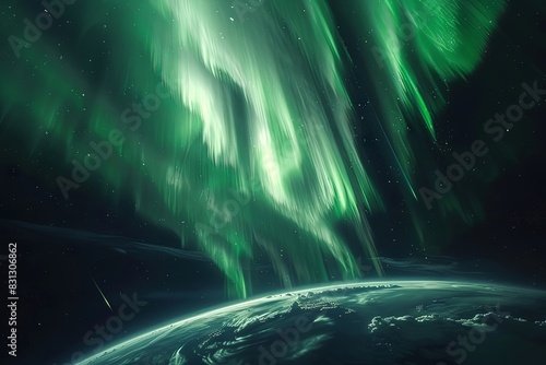 Cinematic capturing the breathtaking sight of a massive aurora borealis enveloping the Earth, extending down to the equator, with the sun peeking behind the planet's rim, casting North