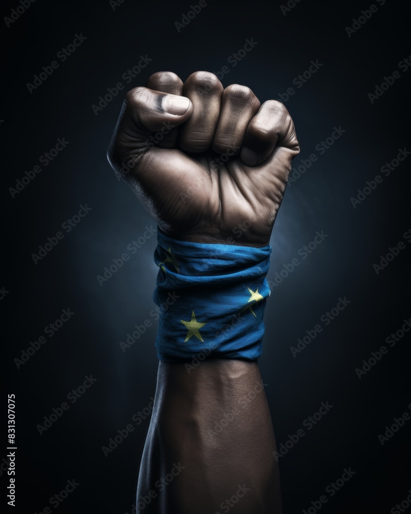 Symbolic fist in european flag colors, illustrating unity and strength in hand painting Symbolic fist in european flag colors, illustrating unity and strength in hand painting