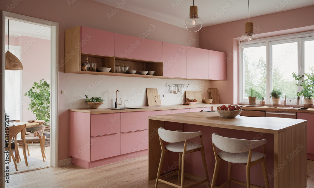 Pink kitchen cabinets and wooden shelf Scandinavian modern interior design of kitchen with island, dining table and chairs Pink kitchen cabinets and wooden shelf Scandinavian modern interior design of kitchen with island, dining table and chairs