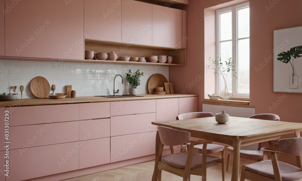 Pink kitchen cabinets and wooden shelf Scandinavian modern interior design of kitchen with island, dining table and chairs Pink kitchen cabinets and wooden shelf Scandinavian modern interior design of kitchen with island, dining table and chairs
