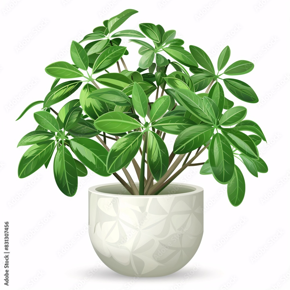 PNG illustration of a lush schefflera plant with umbrella-shaped green leaves in a modern pot on a white background PNG illustration of a lush schefflera plant with umbrella-shaped green leaves in a modern pot on a white background