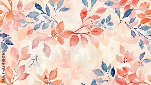 Flat watercolor pastel-colored seamless pattern featuring delicate flowers and leaves, perfect for a serene and charming look