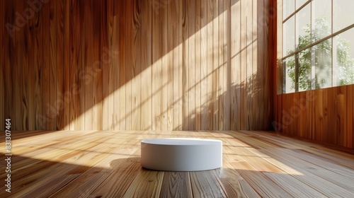 minimalistic white cylindrical podium on a pedestal, for displaying premium products, with copy space, against a background of cherry wood texture. photo