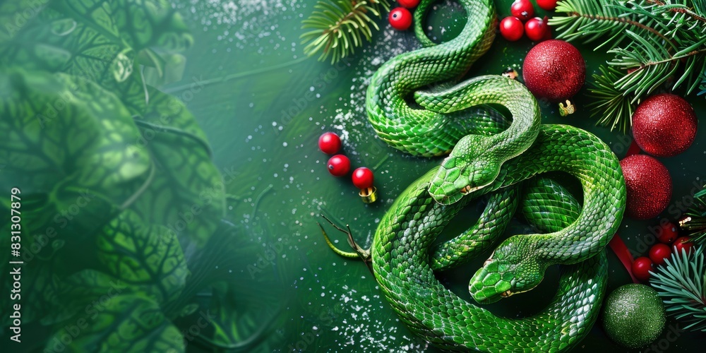 Fantastic green snake, new year celebration banner, bright festive background, greeting card with free space for text Fantastic green snake, new year celebration banner, bright festive background, greeting card with free space for text