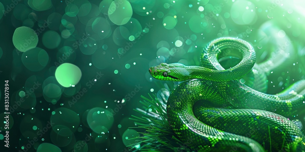 Fantastic green snake, new year celebration banner, bright festive background, greeting card with free space for text Fantastic green snake, new year celebration banner, bright festive background, greeting card with free space for text