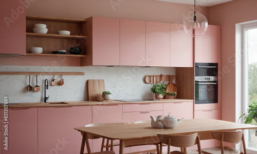Pink kitchen cabinets and wooden shelf Scandinavian modern interior design of kitchen with island  dining table and chairs