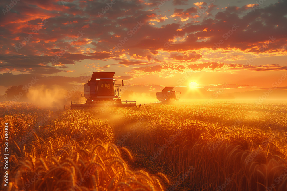 A serene image of farmers harvesting crops in a field, with a backdrop of a rural landscape and a setting sun, 3D render A serene image of farmers harvesting crops in a field, with a backdrop of a rural landscape and a setting sun, 3D render