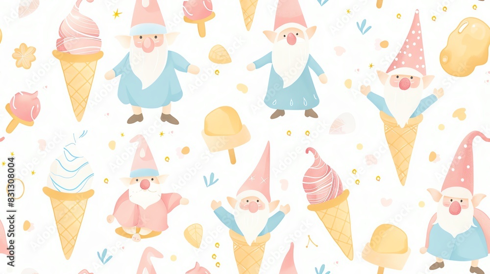 Pastel colors seamless pattern with gnomes surrounded by ice cream scoops and cones, for a gentle and inviting style Pastel colors seamless pattern with gnomes surrounded by ice cream scoops and cones, for a gentle and inviting style