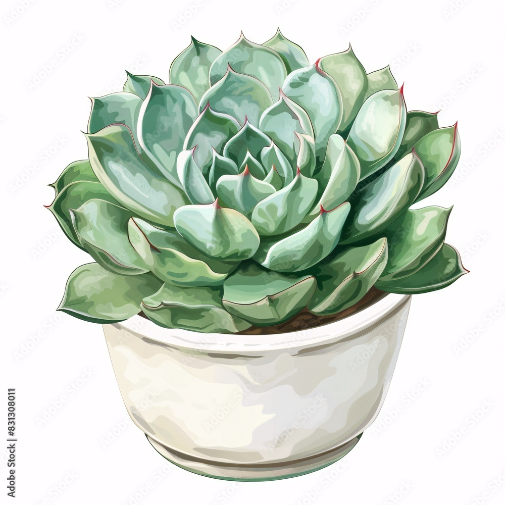 PNG illustration of a compact echeveria plant with rosette-shaped green leaves in a ceramic pot on a white background