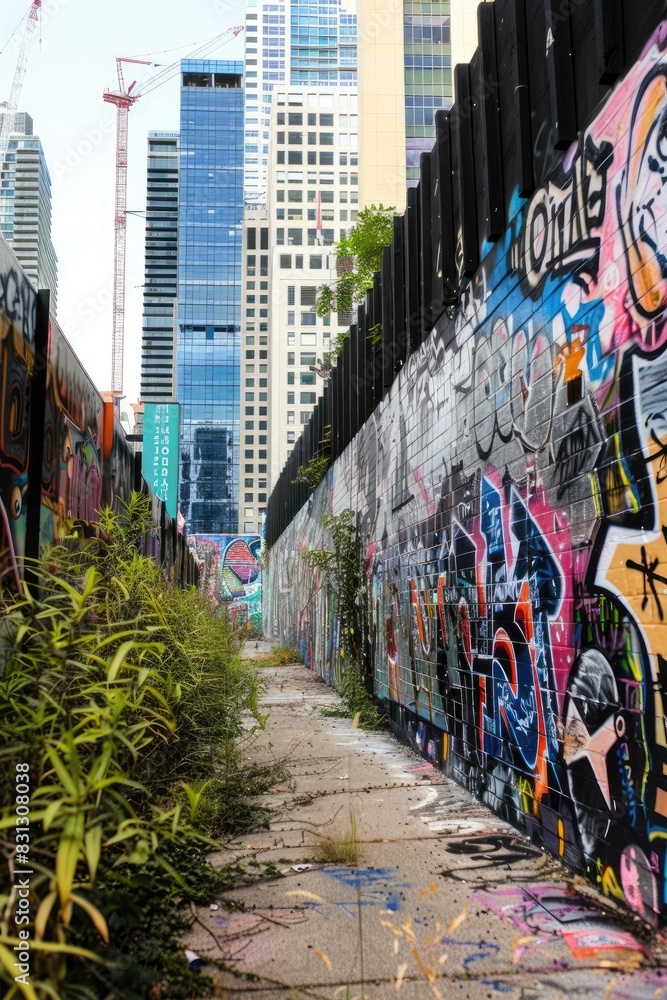 Fototapeta premium Graffiti-covered wall with a modern building backdrop, leaving a clean area for adding logos