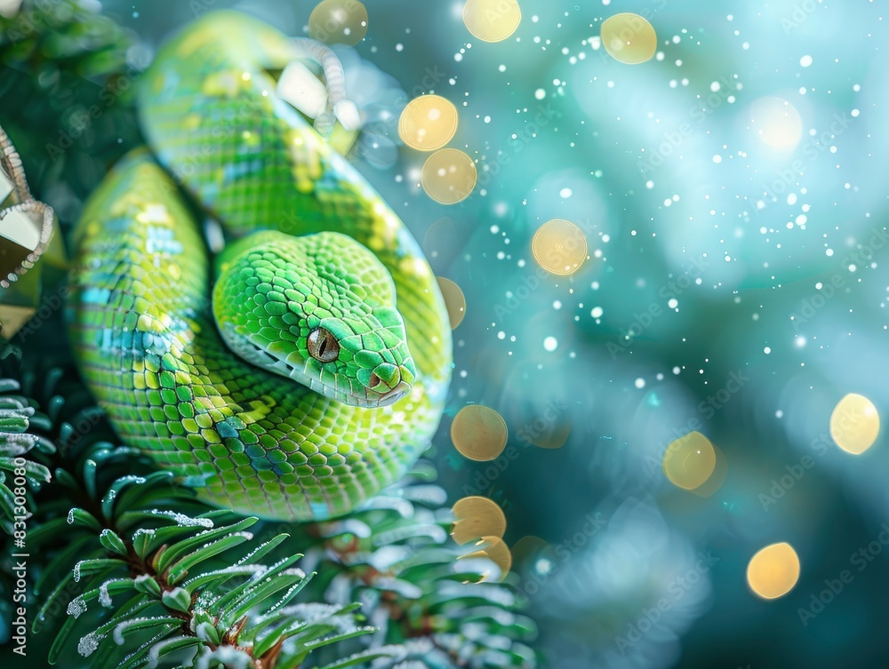 Green beautiful snake, new year celebration banner, light festive background, greeting card with free space for text Green beautiful snake, new year celebration banner, light festive background, greeting card with free space for text