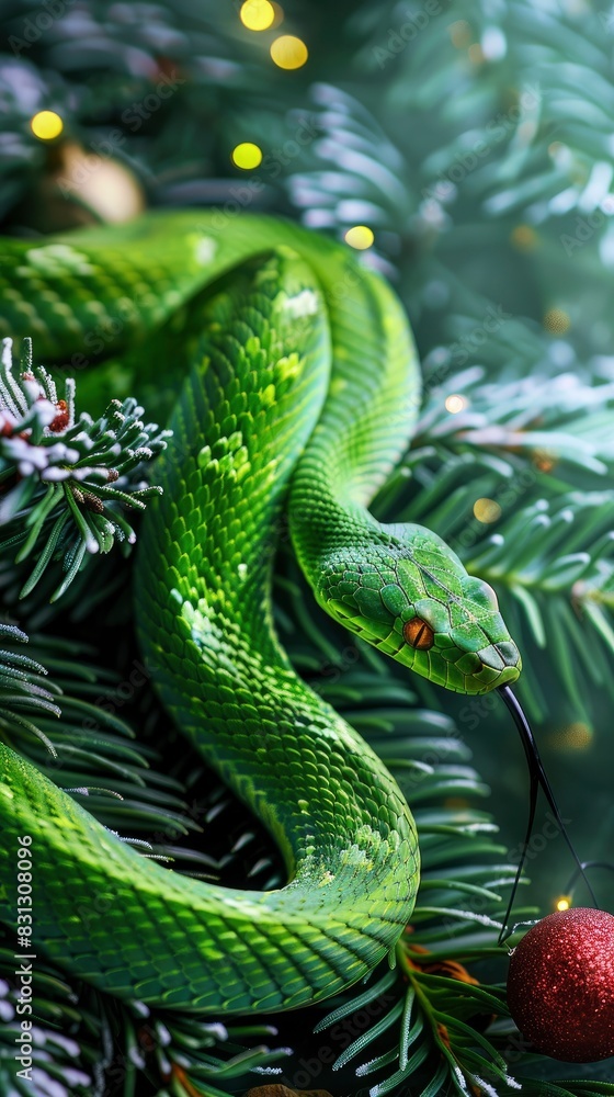 Fototapeta premium Green beautiful snake, new year celebration banner, light festive background, greeting card with free space for text