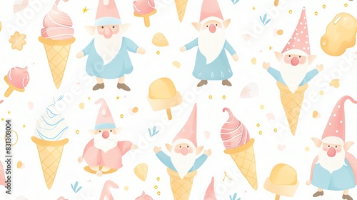 Pastel colors seamless pattern with gnomes surrounded by ice cream scoops and cones, for a gentle and inviting style