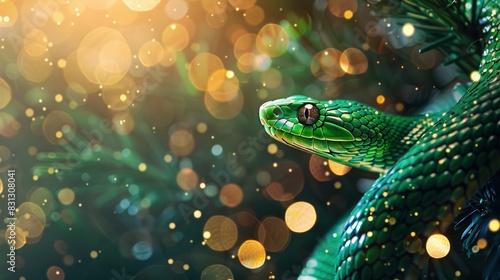 Fantastic green snake, new year celebration banner, bright festive background, greeting card with free space for text