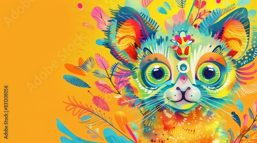 Vibrant colorful cat illustration on yellow background