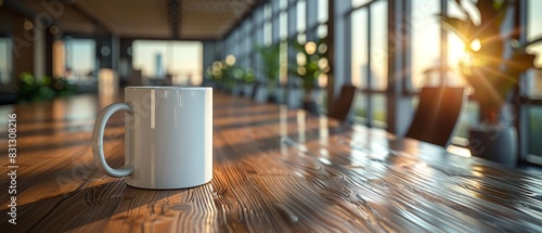 A steaming cup of coffee sits on a wooden table. photo