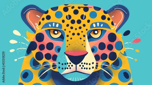 Vibrant digital illustration of a stylized leopard s face with abstract patterns